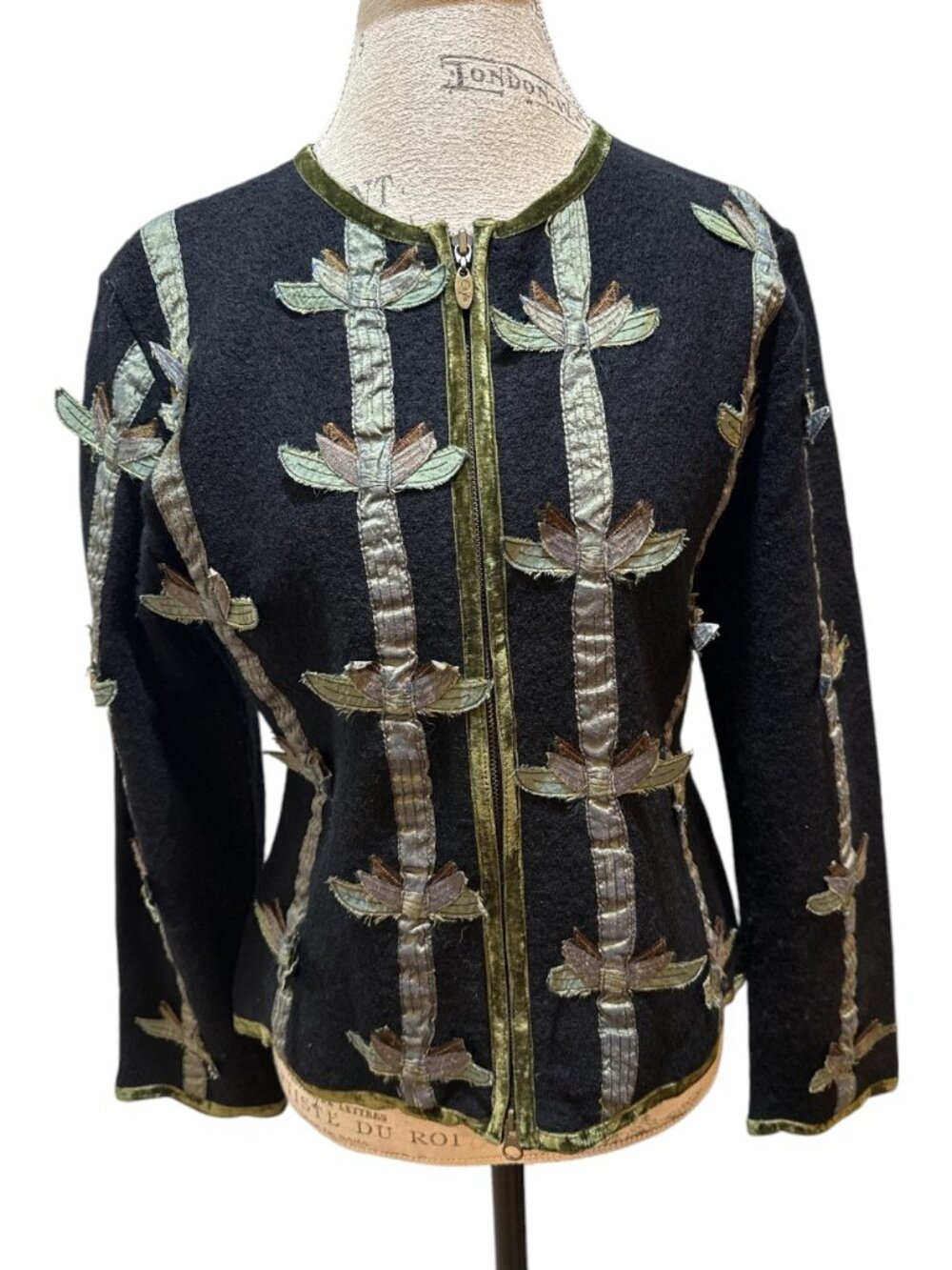 CoVelo Sz L Black & Green Wool & Silk Boho Art Velvet Trimmed Jacket - Vintage
